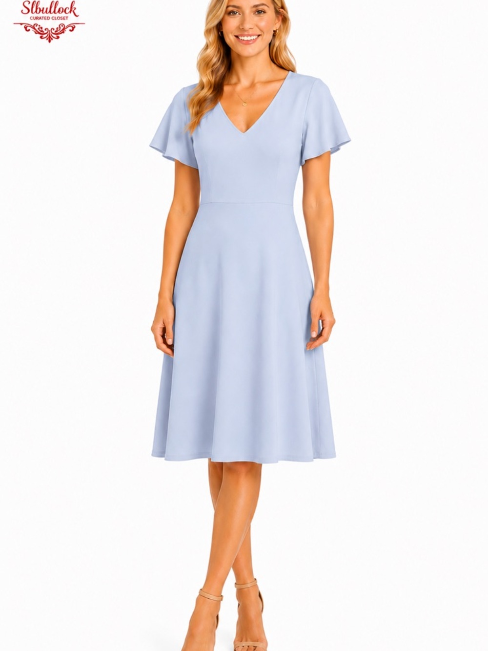 D33 Calvin Klein Powder Blue Fit & Flare Dress Size 14 Fully Lined
